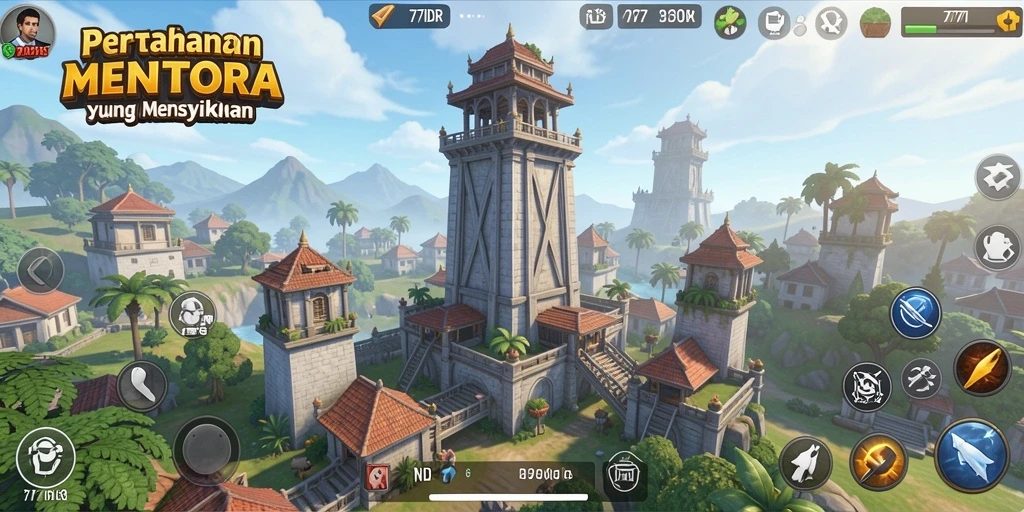 Screenshot menampilkan aksi menara mempertahankan dari gelombang musuh di 777IDR.