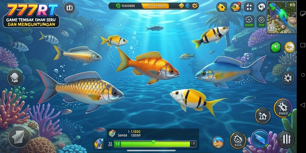 Screenshot gameplay 777RT menampilkan aksi tembak ikan yang seru dan penuh warna.