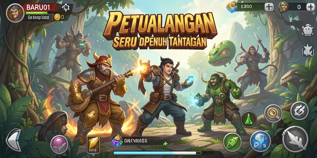 Tampilan utama gameplay BARU01 menunjukkan aksi petualangan yang mendebarkan.