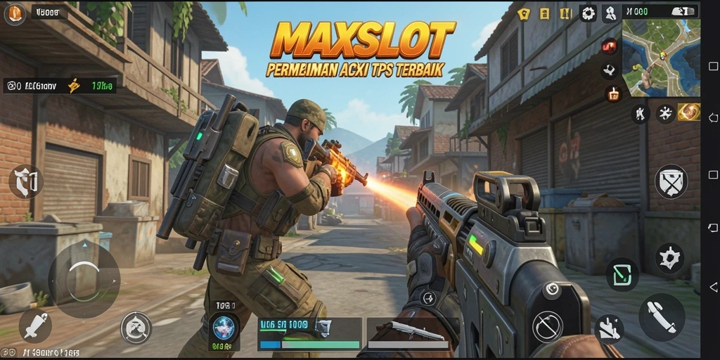 Screenshot MAXSLOT menampilkan karakter beraksi dalam pertempuran TPS.
